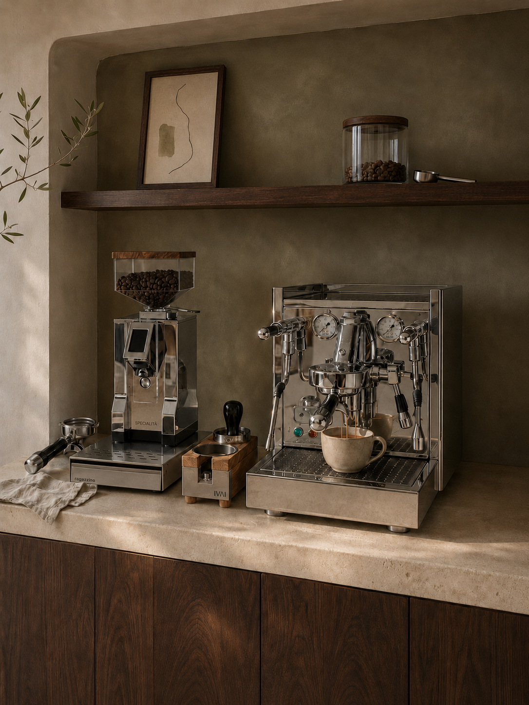 Kuratierte Kaffeeecke mit ECM Technika V, SPECIALITÀ Kaffeemühle, IVAI Tamping Station und ragazzino Knockbox.