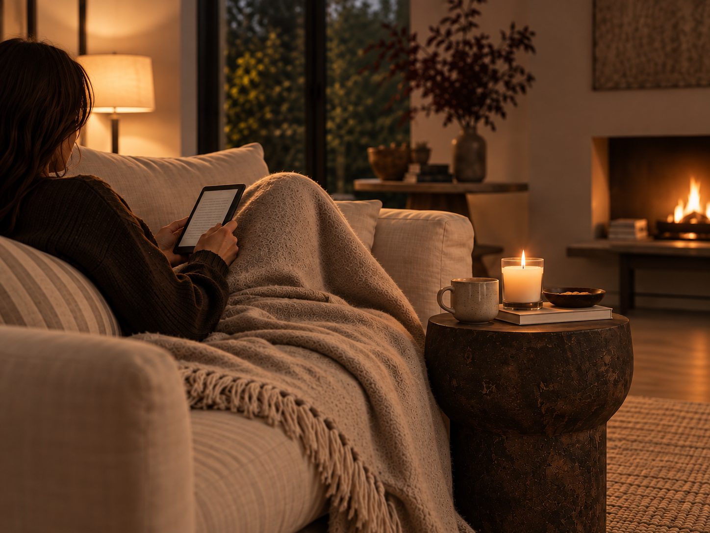 Frau liest abends auf dem Sofa unter einer Wolldecke auf dem Kindle, daneben Kerze und Tasse auf einem dunklen Beistelltisch.